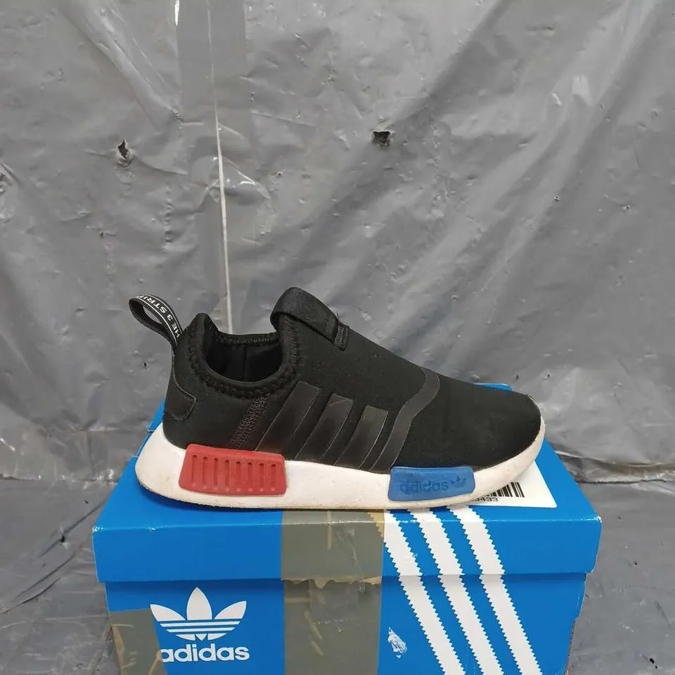 BOXED PAIR OF ADIDAS UNISEX 360 NMD TRAINERS IN BLACK SIZE 13 KIDS