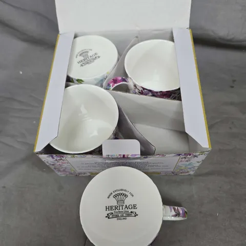 HERITAGE FINE BONE CHINA MUGS – FLORAL GIFT BOX SET (4 PIECES)