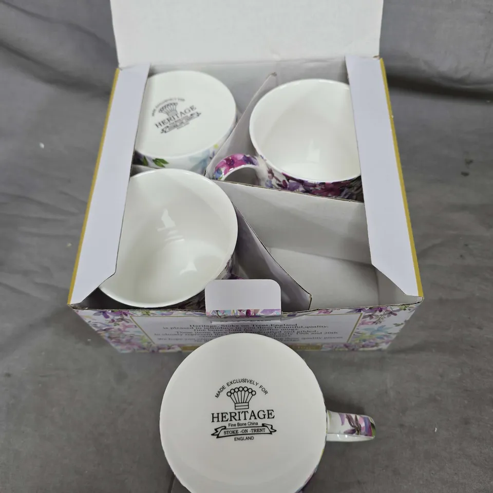 HERITAGE FINE BONE CHINA MUGS – FLORAL GIFT BOX SET (4 PIECES)