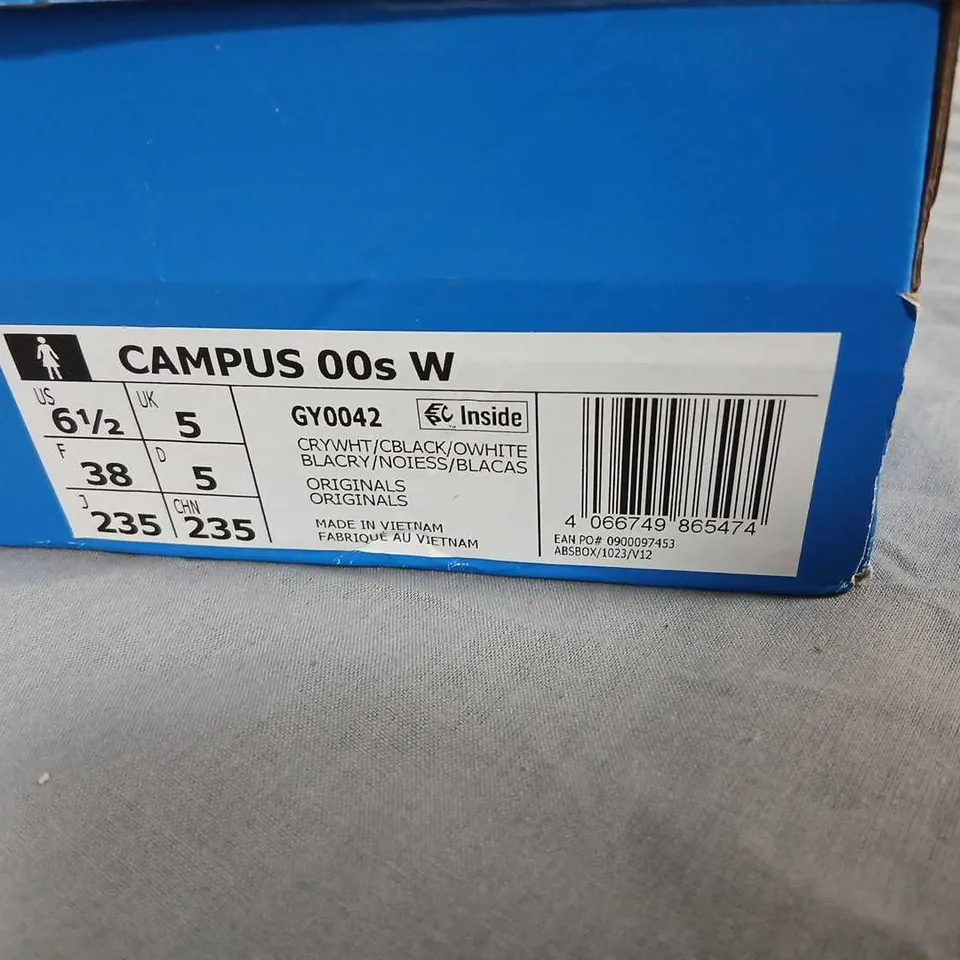 ADIDAS CAMPUS SNEAKERS – WHITE/BLACK, WOMEN'S UK 5 (US 6.5) – BOXED