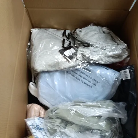 BOX OF APPROXIMATELY 20 ASSORTED CLOTHING ITEMS IN VARIOUS STYLES , COLOURS AND SIZES