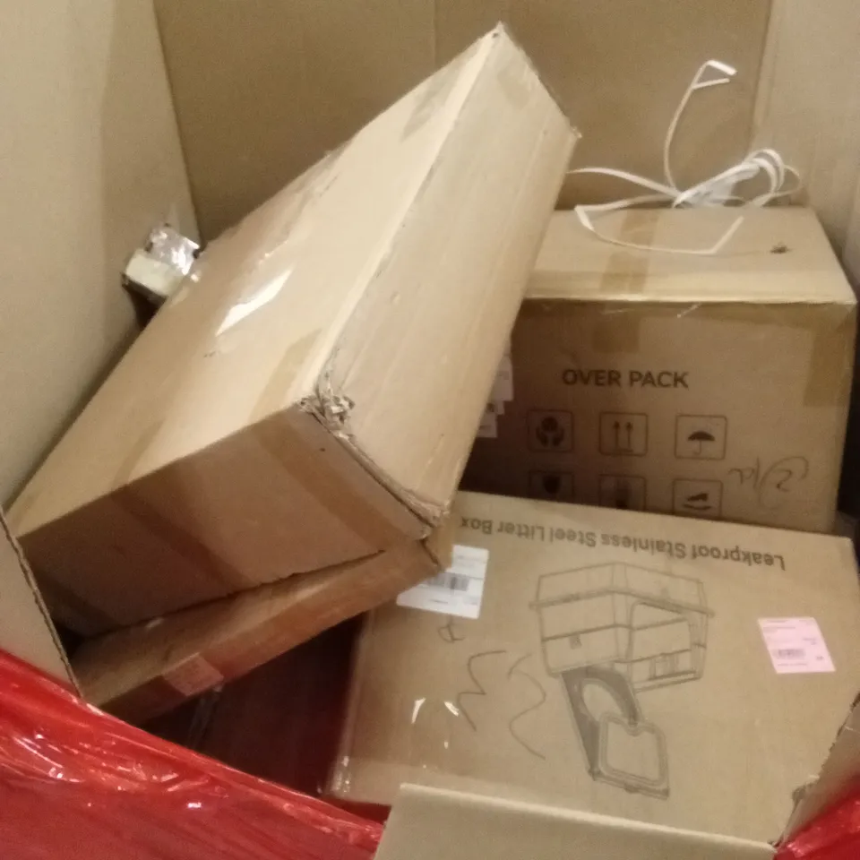 PALLET OF ASSORTED HOUSEHOLD GOODS AND PRODUCTS TO INCLUDE; STEAM CLEANERS, CAT LITTER BOXES, VANITY MIRRORS ETC