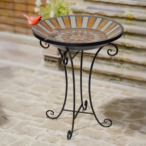 BOXED RUSTICA ITALIA MOSAIC TILE 24.5"H BIRD BATH WITH DECROTIVE SCROLL STAND