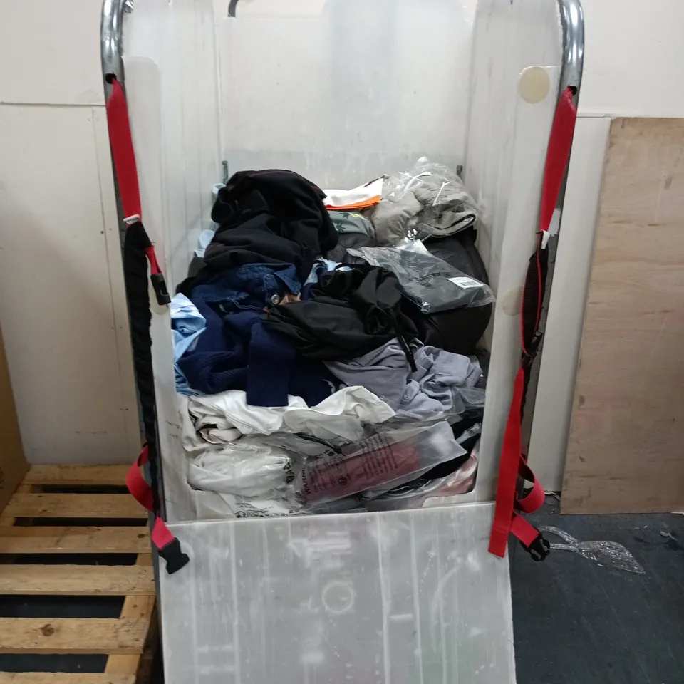 CAGE OF ASSORTED CLOTHING ITEMS INCLUDING BOTH UNBAGGED AND BAGGED - VARIOUS SIZES