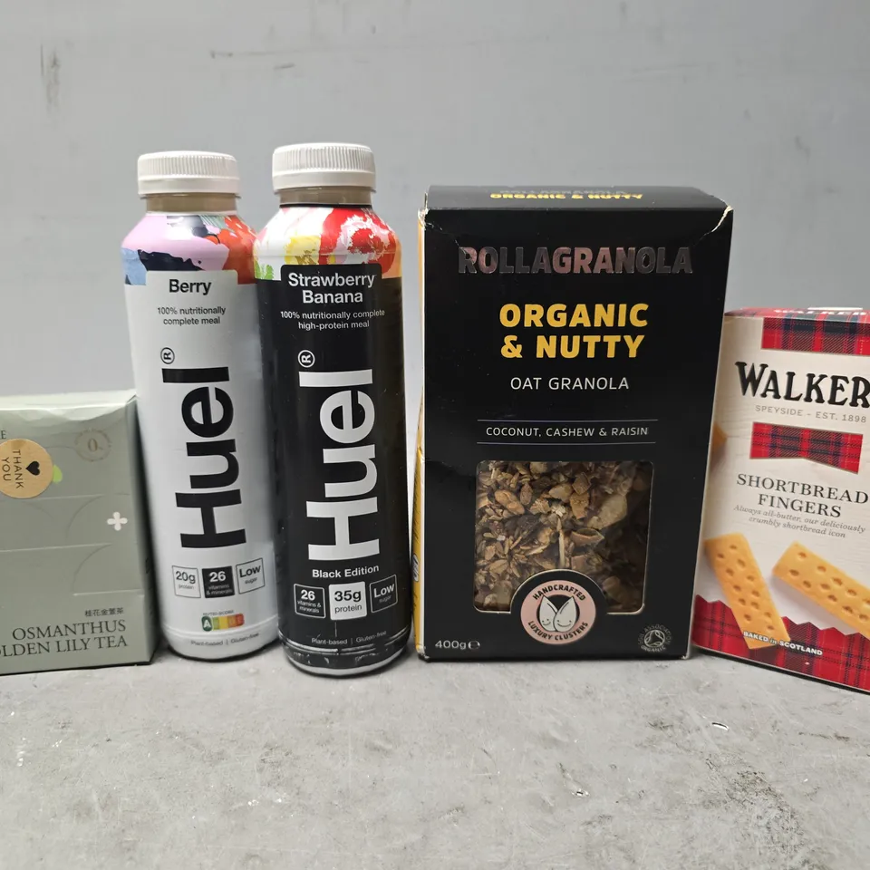 APPROXIMATELY 7 ASSORTED FOOD & DRINK ITEMS TO INCLUDE - HUEL STRAWBERRY BANANA , HUEL BERRY , WALKERS SHORTBREAD FINGERS ETC