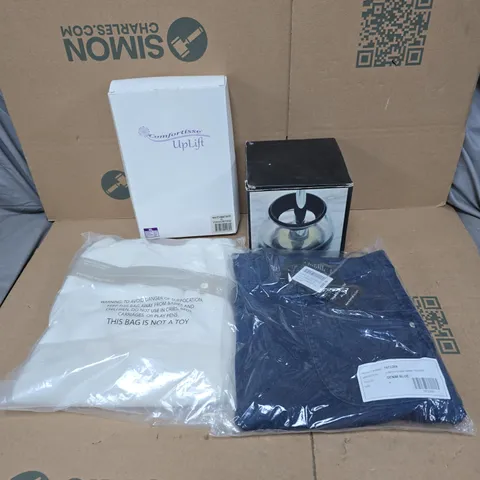 BOX OF APPROXIMATELY 20 ASSORTED HOUSEHOLD ITEMS TO INCLUDE CLOTHING, COFORTISSE UP LIFT 3 PACK BRA, MAKE UP BRUSH CLEANER ETC