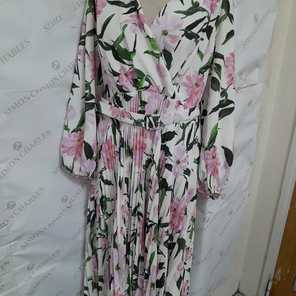PHASE EIGHT PETITE BELTED MAXI DRESS FLORAL PRINT WITH PLEATED SKIRT SIZE 14