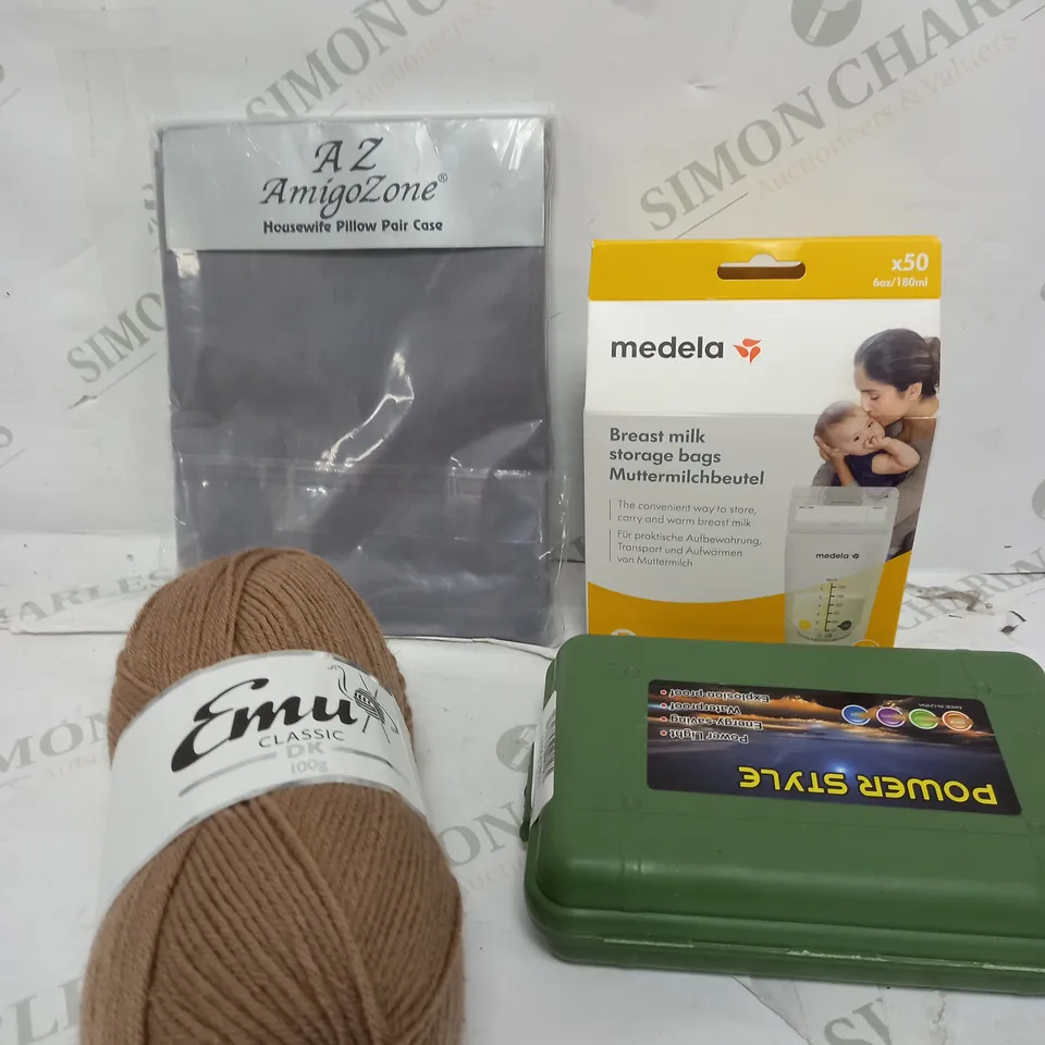 BOX OF APPROXIMATELY 15 ASSORTED ITEMS TO INCLUDE BEAST MILK STORAGE BAGS, YARN, PILLOW CASE ETC