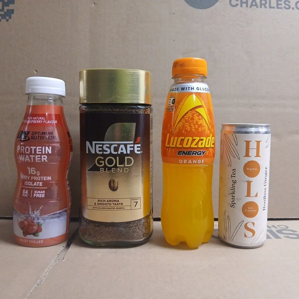 APPROXIMATELY 10 ASSORTED FOOD AND DRINK ITEMS TO INCLUDE LOCOZADE, NECAFE GOLD BLEND COFFEE, ETC