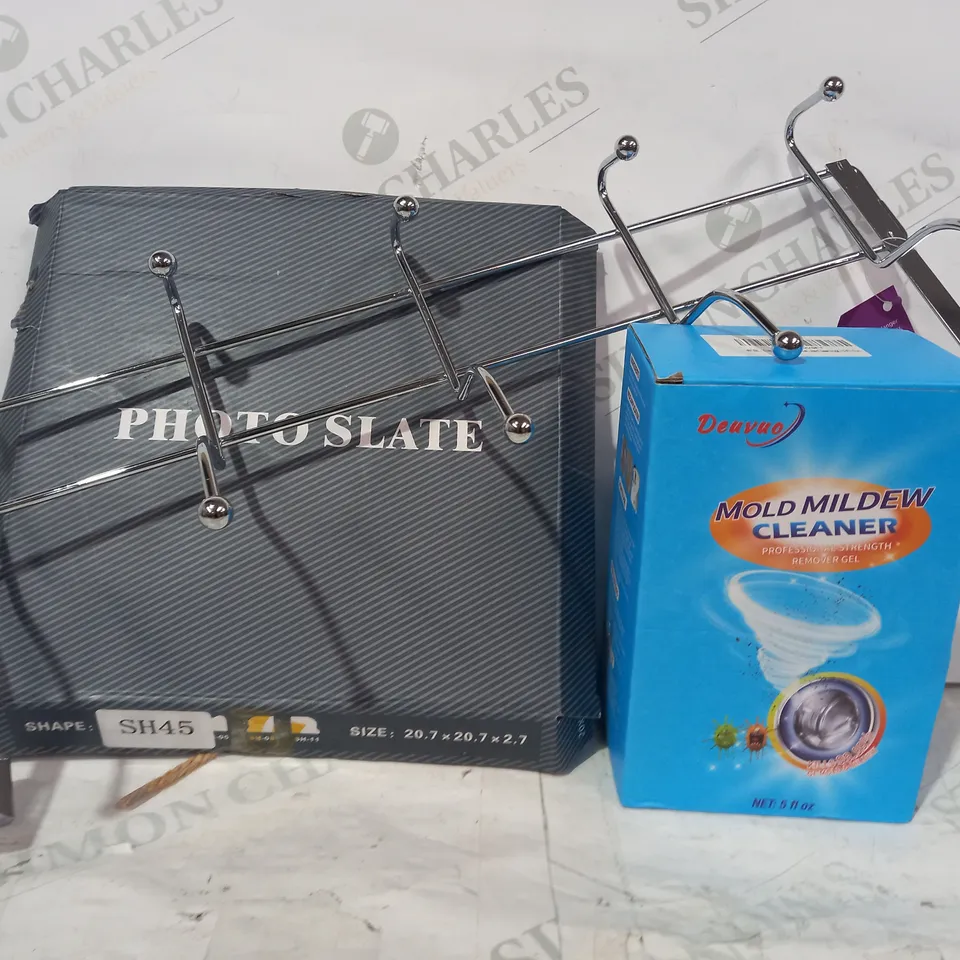 BOX OF APPROXIMATELY 15 ASSORTED HOUSEHOLD ITEMS TO INCLUDE MOULD MILDEW CLEANER, PHOTO SLATE, OVER DOOR HANGER, ETC