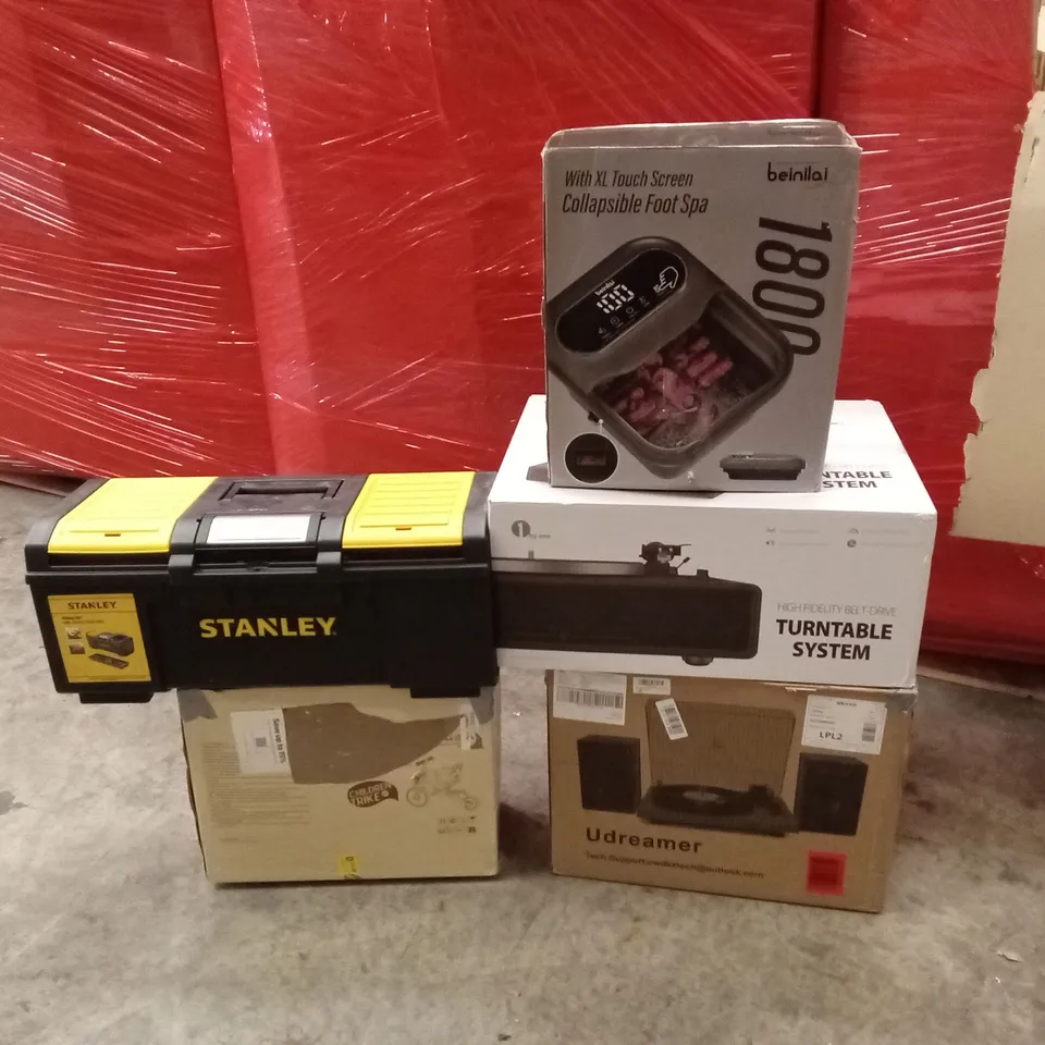 PALLET OF ASSORTED HOUSEHOLD GOODS AND PRODUCTS TO INCLUDE; TURNTABLE SYSTEMS, FOOT SPA, KIDS TRIKE, STANLEY TOOL BOX ETC