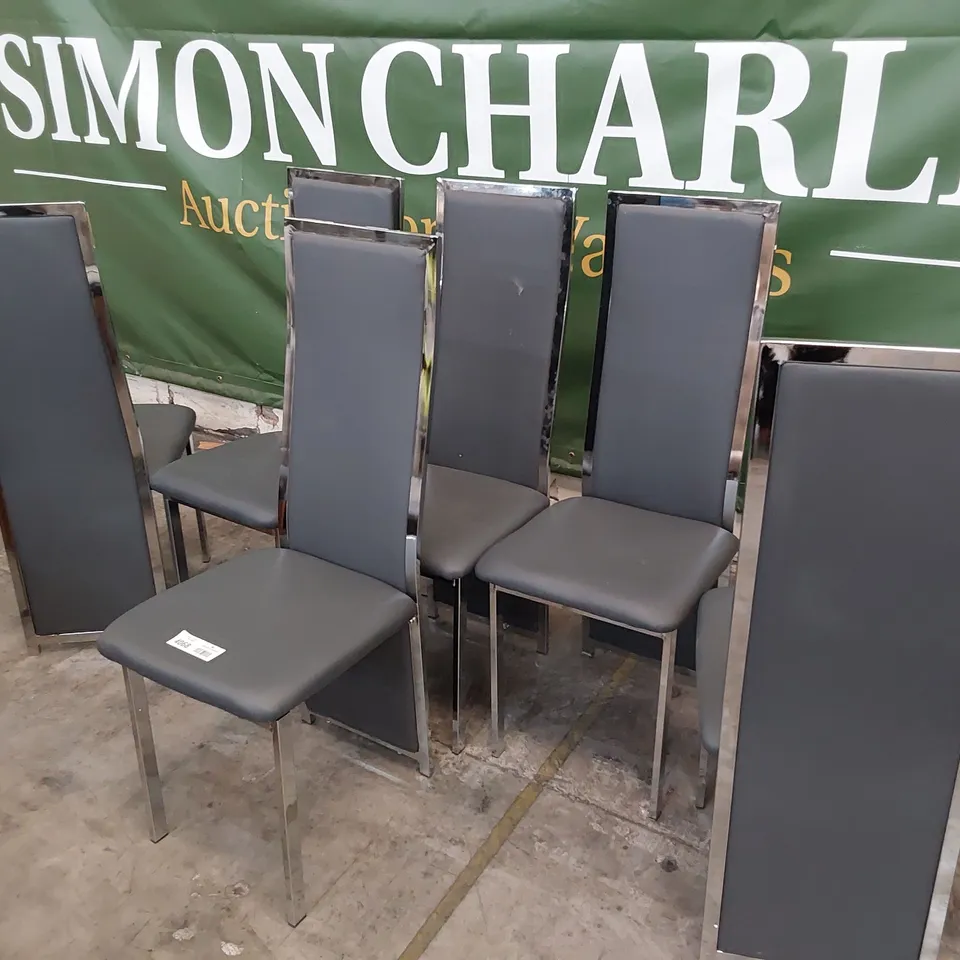 SET OF SIX UPHOLSTERED HIGH BACK DINING CHAIRS GREY PU, CHROME FRAMES