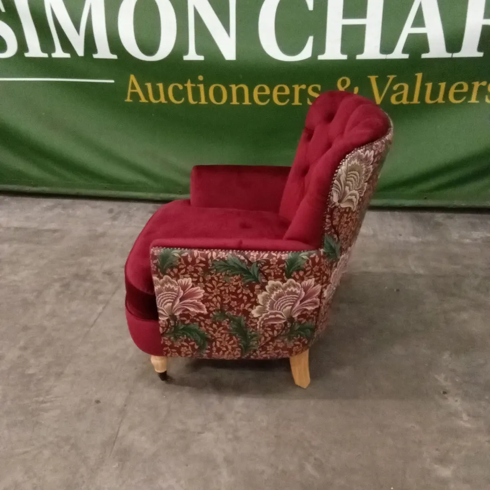 QUALITY DESIGNER PLUM WINE VELVET AND FABRIC PATTERNED BUTTON-BACK ARMCHAIR
