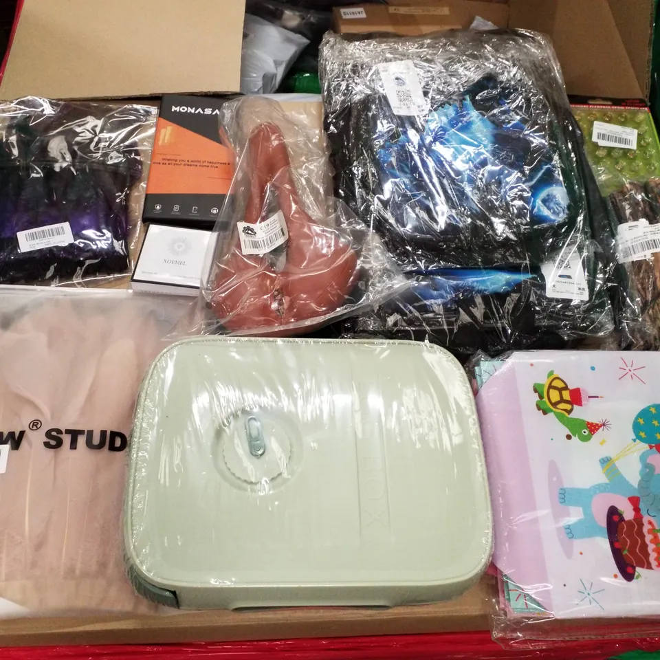 PALLET OF 4 BOXES CONTAINING ASSORTED PRODUCTS INCLUDING EGG BOX, DARK BROWN BIKE SEAT, BACKPACK, HUNTING GLOVES, BIRTHDAY GIFT BAGS, IPHONE PROTECTIVE PRIVACY FILM