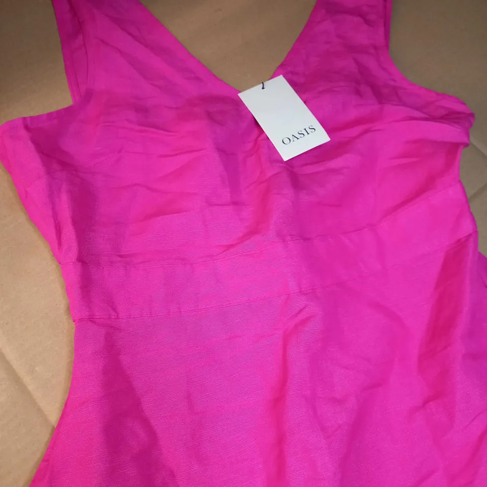 OASIS HOT PINK V NECK LINEN MIX TAILORED MIDI DRESS - SIZE 10