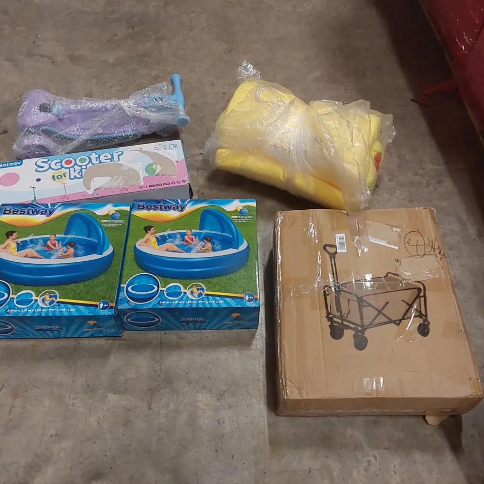PALLET OF ASSORTED ITEMS INCLUDING: BESTWAY INFLATABLE POOLS, KIDS SCOOTERS, GARDEN CART, FOAM CUSHION ECT