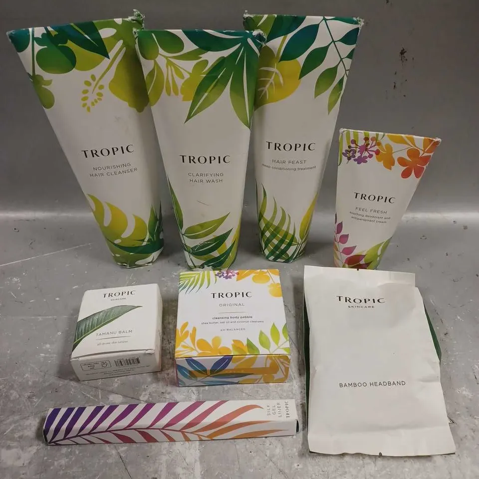 8 ASSORTED TROPIC PRODUCTS TO INCLUDE CLARIFYING HAIR WASH, CLEANSING BODY PEBBLE, TAMANU BALM, ETC 