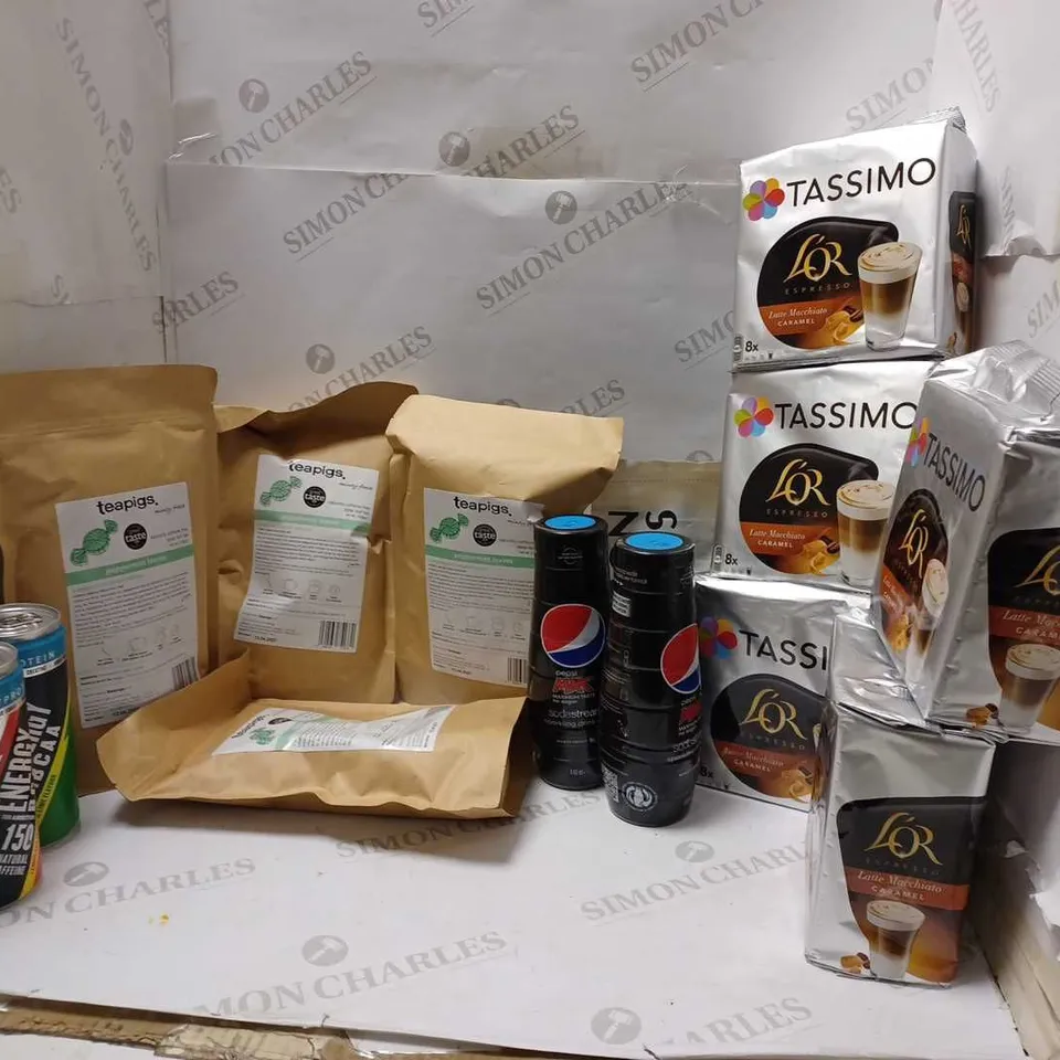 LOT OF APPROXMATELY 14 ITEMS TO INCLUDE PEPSI MAX SODASTREAM, TASSIMO ESPRESSO LATTE MACCHIATO CARAMEL (8 PODS), CLIMPSON & SONS THE ESTATE COFFEE BEANS, ETC