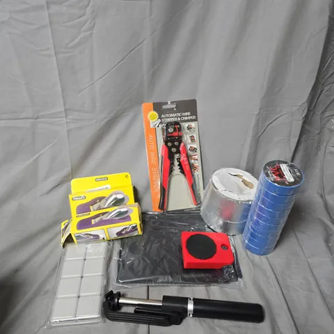 APPROXIMATELY 12 ASSORTED HOUSEHOLD ITEMS TO INCLUDE INSULATION TAPE, AUTOMATIC WIRE STRIPPER, WOOD PLANER FOR DOORS, ETC