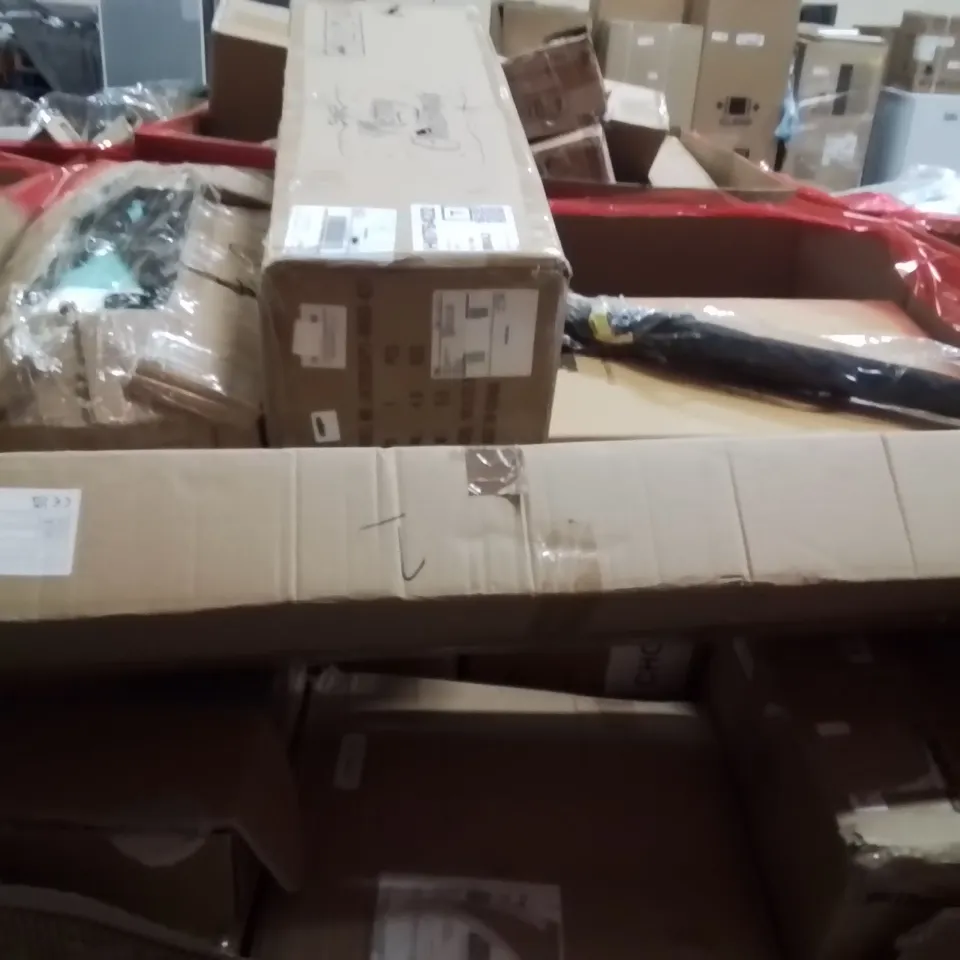 PALLET OF ASSORTED HOUSEHOLD GOODS AND PRODUCTS TO INCLUDE;CAMERA DANCE MAT GAME,CEILING FAN LIGHT,AREA RUG