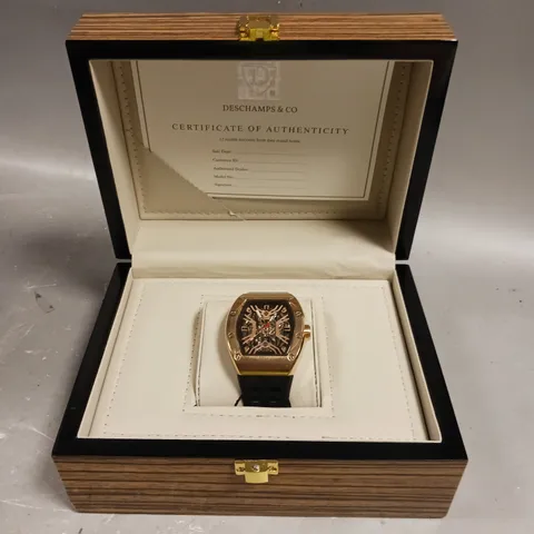 MENS AUTOMATIC DESCHAMPS & CO WATCH β SKELETON DIAL β GLASS EXHIBITION BACK CASE β RUBBER STRAP