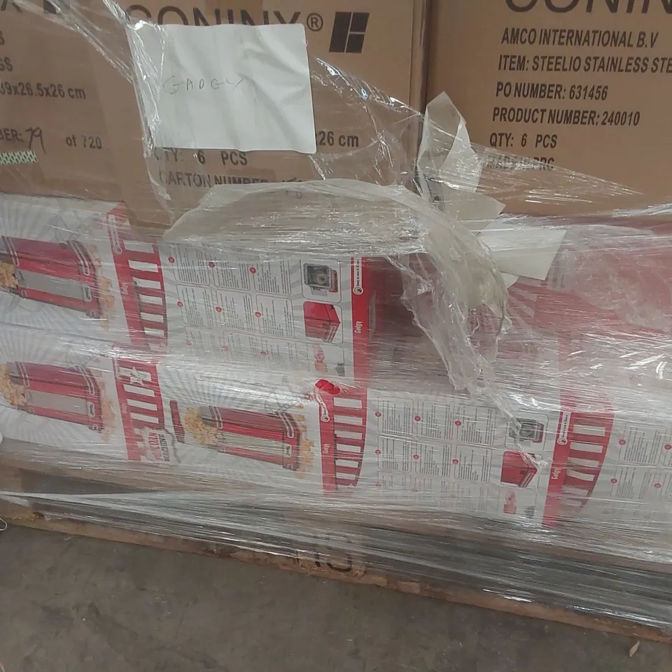 PALLET CONTAINING A LARGE QUANTITY OF ASSORTED ITEMS INCLUDING: CONINX STEELIO STEEL KNIFE BLOCKS, POPCORN MACHINES ECT