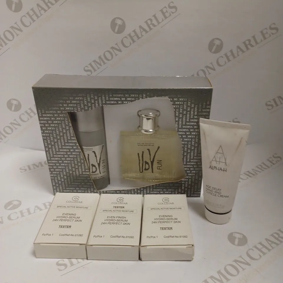 BOX OF 5 HEALTH & BEAUTY PRODUCTS TO INCLUDE ALPHAH AGE DELAY HAND CREAM, COLLISTAR MOISTURISERS, VOY FUN EAU DE TOILETTE GIFT SET  