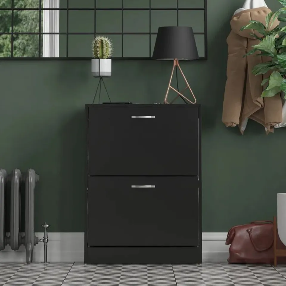 BOXED VIDA 8 PAIR 2 DRAWER FLIP DOWN SHOE STORAGE CABINET 64 X 24 X 80CM BLACK 