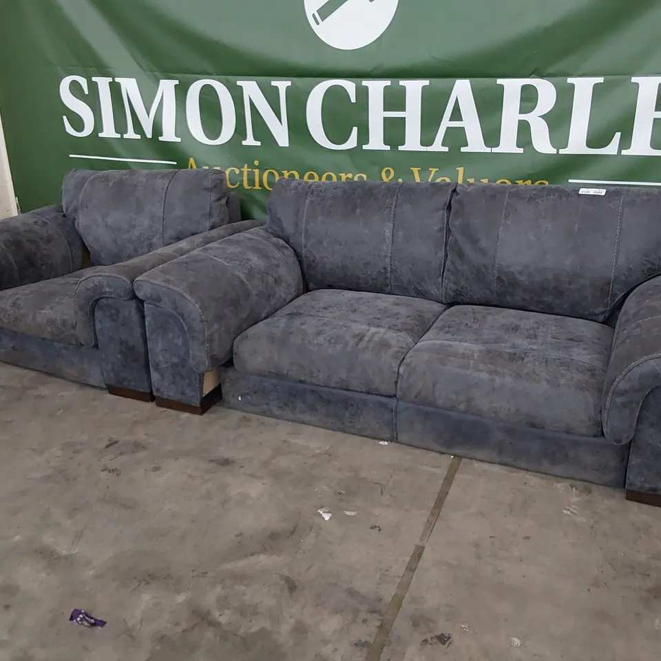 DESIGNER LOUNGE SUITE, COMPRISING LARGE TWO SEATER SOFA & EASY CHAIR ELEPHANT GREY MACAU FABRIC WITH FEATURED STITCHING