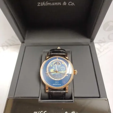ZIHLMANN & CO GOLD EFFECT SKELETON BLACK LEATHER STRAP WRISTWATCH