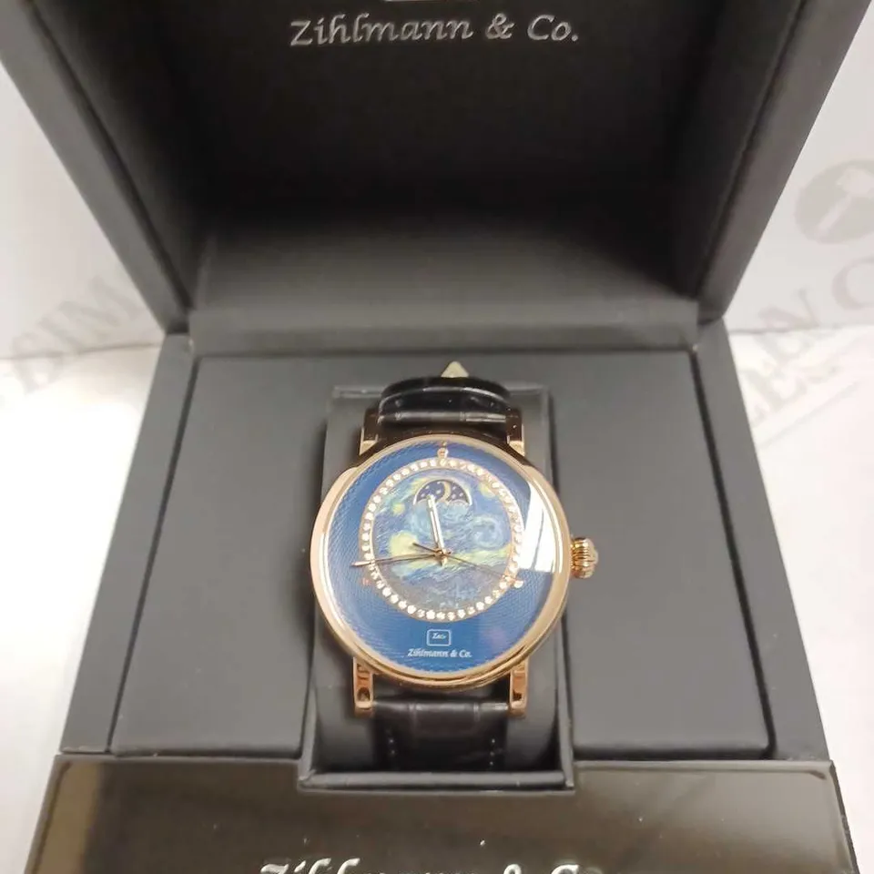 ZIHLMANN & CO GOLD EFFECT SKELETON BLACK LEATHER STRAP WRISTWATCH
