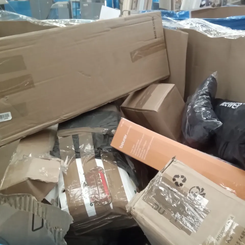 PALLET OF ASSORTED ITEMS INCLUDING IRONING BOARD, EFY ROUND WALL MIRROR, VEGETABLE SORTING TOYS, HEATED MATTRESS COVER, BOSCH AEROTWIN, ARM COLOUR DIMMABLE VINTAGE STYLE LIGHT BULBS