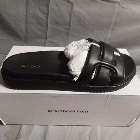 BOXED PAIR OF ALDO PADDED FOOTBED SANDALS β BLACK LEATHER, UK 7