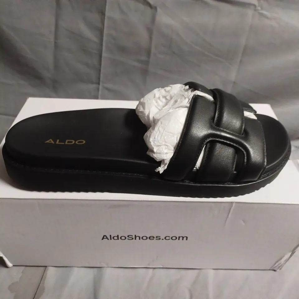 BOXED PAIR OF ALDO PADDED FOOTBED SANDALS – BLACK LEATHER, UK 7