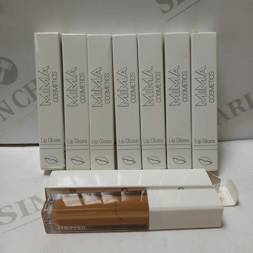 LOT OF APPROX 8 ASSORTED SHADES OF MIMA COSMETICS LIP GLOSS TO INCLUDE STRIPPED, POUT, TRUFFLE, ETC