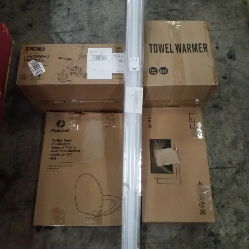 PALLET CONTAINING ASSORTED PRODUCTS INCLUDING TOWEL WARMER, ROLLER BLIND, CHILDRENS TRICYCLE, TOILET SEAT, 20" LED MONITOR & OFFICE CHAIR 