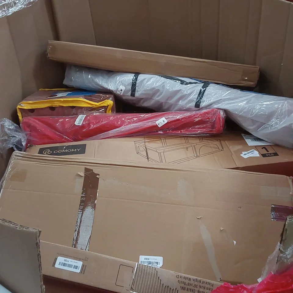 PALLET OF ASSORTED HOUSEHOLD ITEMS AND CONSUMER PRODUCTS TO INCLUDE; TRASH CAN, CHAIR MATT, BABY PLAYPEN ETC