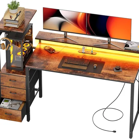 BOXED DLONGONE 152X50 CM COMPUTER DESK WITH LED & POWER OUTLETS, WITH DISPLAY SHELVES & MONITOR STAND,, BROWN