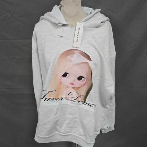 TREVOR DISTRESSED GRAPHIC PRINT HOODIE IN LIGH GREY SIZE L
