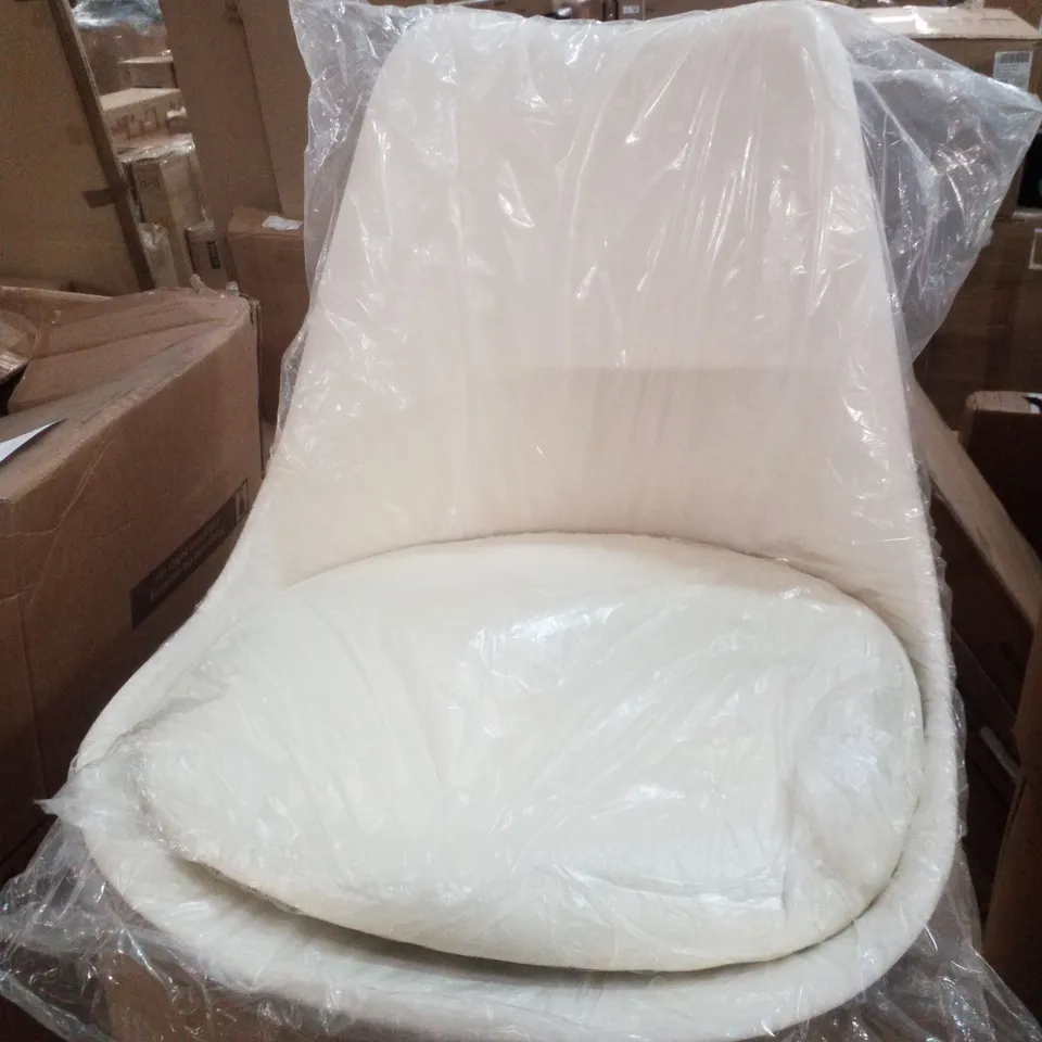 BOXED PAIR OF PLASTIC CREAM DINING CHAIRS WITH FAUX LEATHER UPHOLSTERED CUSHIONS