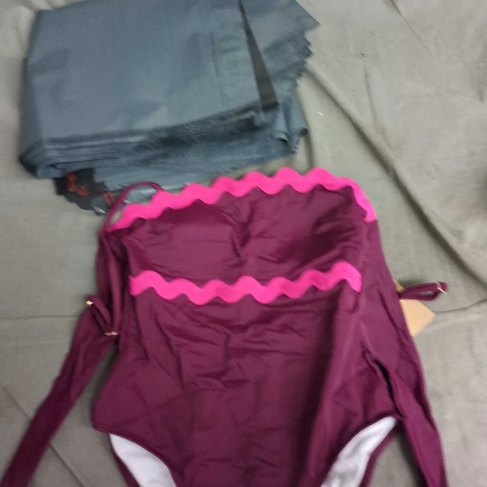 BODEN GIANT RIK RAK SWIMWEAR – WOMEN'S SWIMSUIT, UK 12, PURPLE WITH PINK TRIM