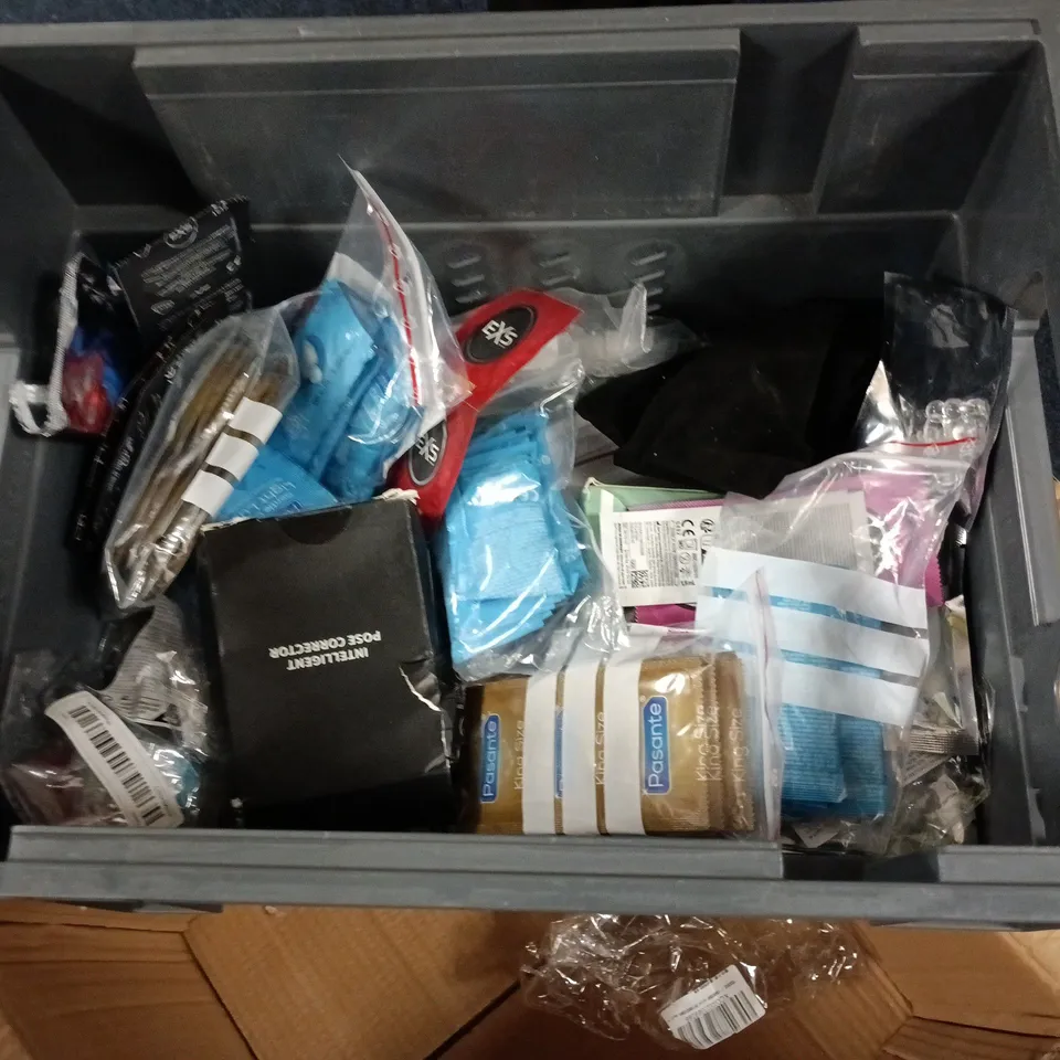 LOT OF ASSORTED ADULT PLEASURE ITEMS TO INCLUDE CONDOMS AND LUBE, BUTT PLUGS, C*CK RINGS AND VIBRATOR