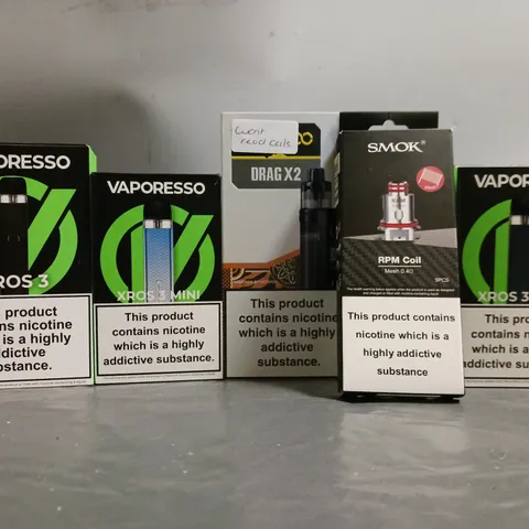 BOX OF APPROXIMATELY 18 ASSORTED E-CIGARETTES TO INCLUDE - VAPORESSO , VOOPOO, SMOK