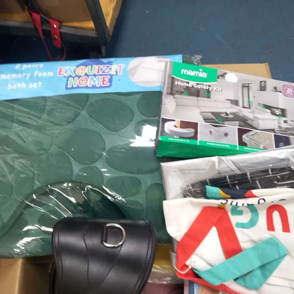 BOX OF ASSORTED PRODUCTS TO INCLUDE; EXQUIZIT HOME MEMORY FOAM BATH SET, MAMIA HOME SAFETY KIT AND WORK BOOKS.