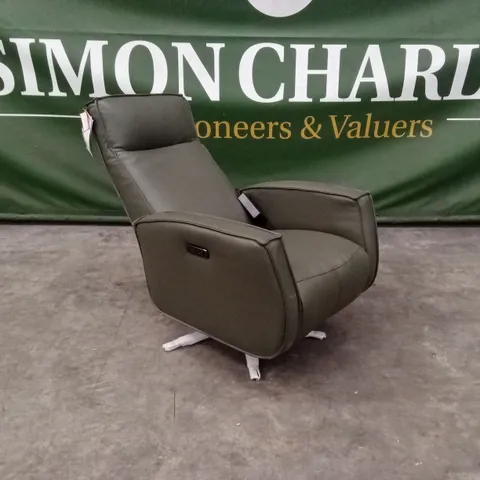 QUALITY DESIGNER SWIVEL LEATHER POWER RECLINER CHAIR - OLIVE