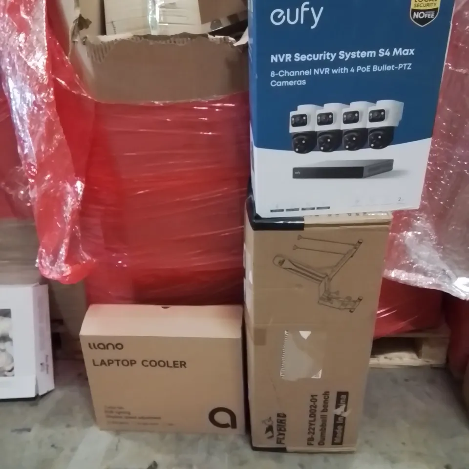 PALLET OF ASSORTED HOUSEHOLD GOODS AND PRODUCTS TO INCLUDE;SECURITY SYSTEM,DUMBBELL BENCH,LAPTOP COOLER