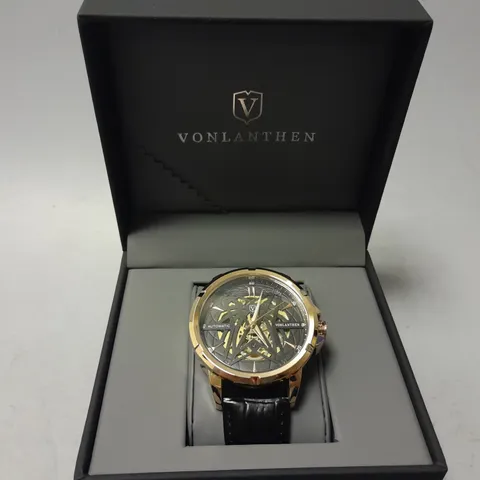 MENS VONLANTHEN AUTOMATIC SKELETON WATCH – V110 - GLASS EXHIBITION BACKCASE – BLACK LEATHER STRAP