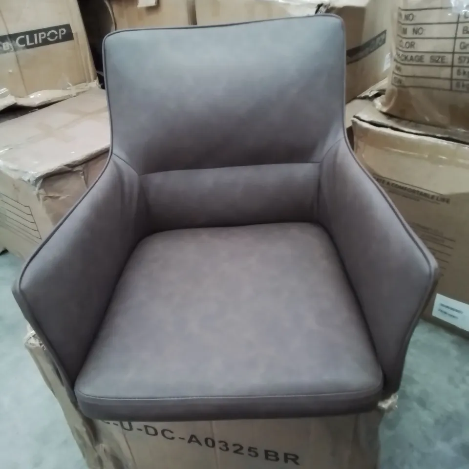 A BOXED PAIR OF BROWN FAUX LEATHER UPHOLSTERED DINING/SIDE CHAIRS