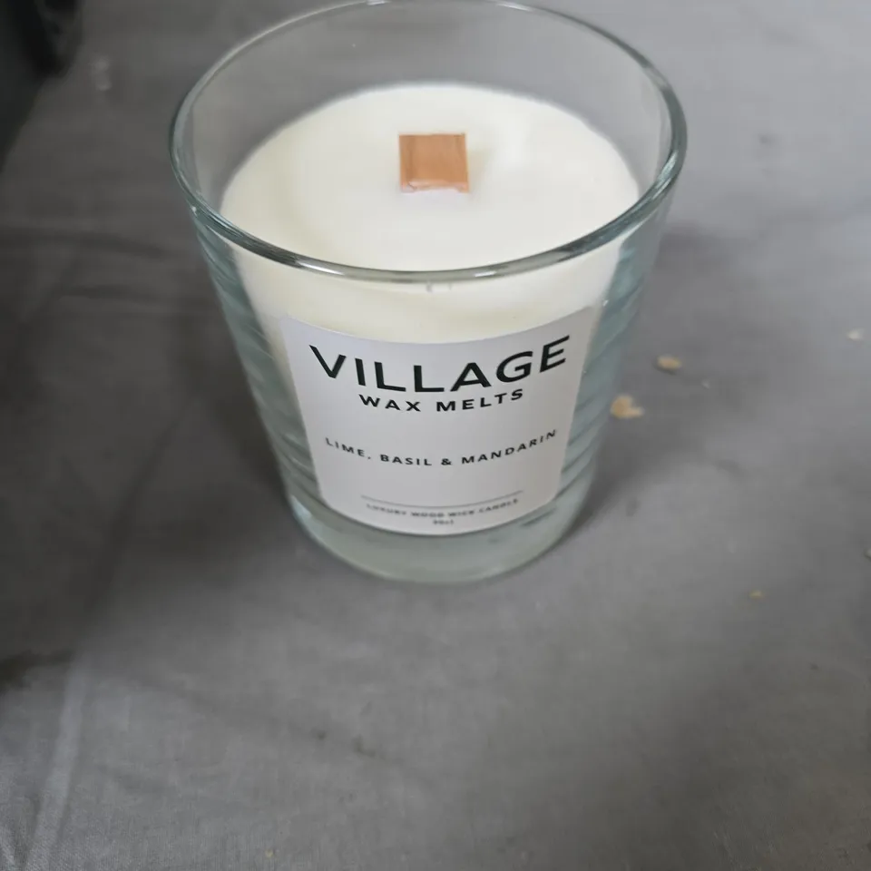 TOTE OF APPROXIMAELY 10 ASSORTED ITEMS TO INCLUDE: VILLAGE WAX MELTS CANDLE