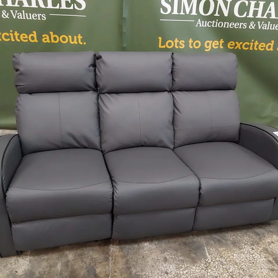 DESIGNER MANUAL RECLINING THREE SEATER SOFA GREY LEATHER WITH BLACK PIPING